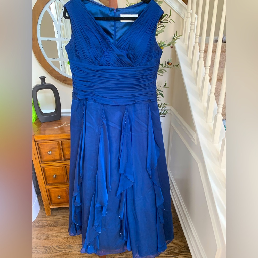 Mon Cherie Blue Dress w/ Flowing Sheer Skirt Detail (Sz 16 Runs bridal small).